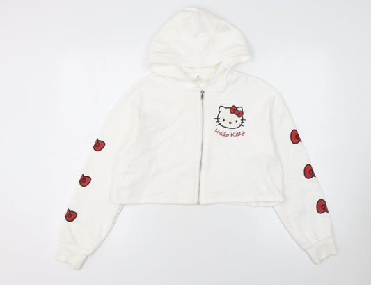 Additional front view of H&M girls’ white hello kitty full zip hoodie, size 10-12y cotton blend