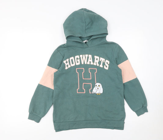 Additional front view of H&M girls’ green hogwarts hoodie 7-8 years pullover hooded sweatshirt