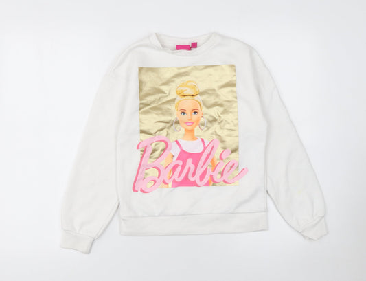 Additional front view of Barbie girls’ white sweatshirt 9-10 years crew neck long sleeve graphic print