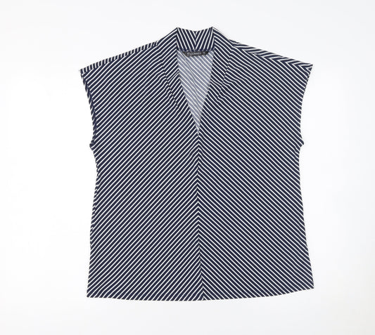 Additional front view of Dunnes Women's Blue Striped Sleeveless V-Neck Blouse, size 12
