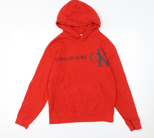 Additional front view of Calvin Klein Jeans boys’ red logo pullover hoodie, size 14, years