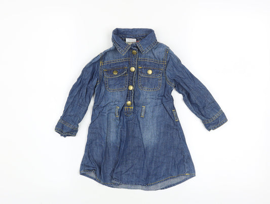 Additional front view of Next girls’ blue denim shirt dress 18-24 months long sleeve belted