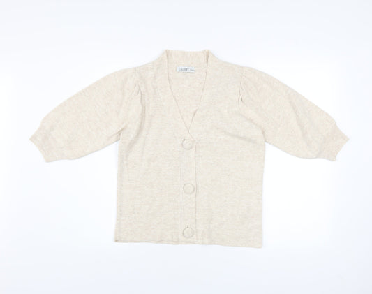 Additional front view of Gallery women’s beige 3/4 sleeve v-neck knit cardigan, size M