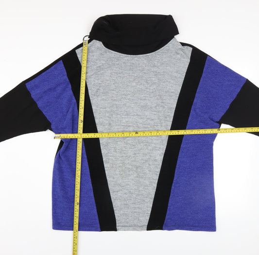 ORA Women's Black Grey Blue Roll Neck Geometric Wool Jumper Size 4 Plus