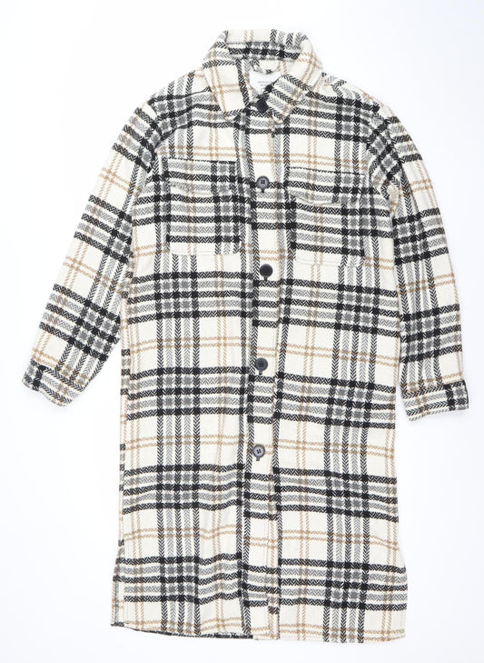 Additional front view of Jacqueline de Yong Women’s Beige Check Long Sleeve Overcoat, size S