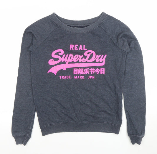 Superdry Womens Grey Pullover Sweatshirt Size S Logo Print Crew Neck