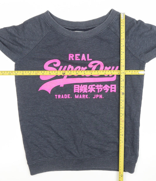 Superdry Womens Grey Pullover Sweatshirt Size S Logo Print Crew Neck