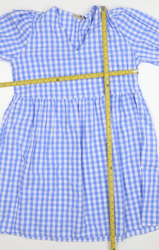 Rowen Avenue Women's Blue Check V-Neck Long Sleeve Shift Dress Size S