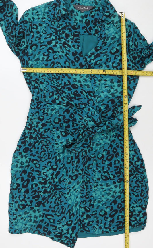 Sosandar Women’s Blue Animal Print Wrap Dress Size 10 Long Sleeve