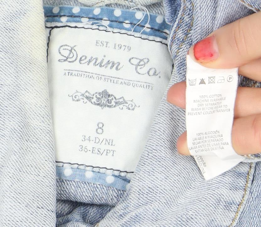 Brand and care label for Denim Co. Women's Blue Denim Basic Jacket, size 8, Casual Style