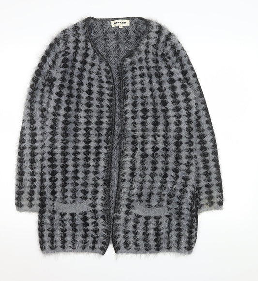 Additional front view of Gerard women’s grey black fuzzy knit mid-length coatigan m