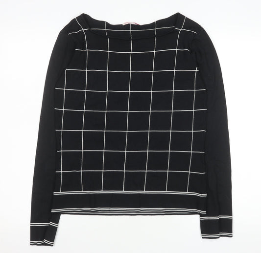 Additional front view of LTS Women Black Check Knit Long Sleeve Boat Neck Top, size 14