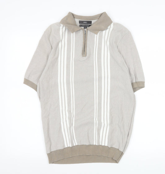 Marks and Spencer Men’s Beige Striped 1/4 Zip Polo Medium Regular Fit