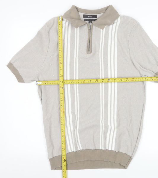 Marks and Spencer Men’s Beige Striped 1/4 Zip Polo Medium Regular Fit