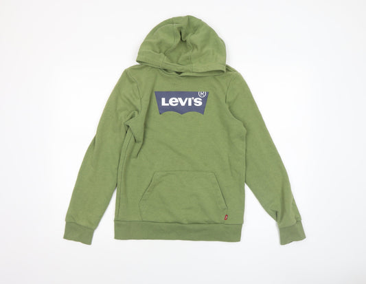 Additional front view of Levi's boys’ green pullover hoodie 14a (164cm) cotton blend logo design