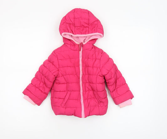 Additional front view of mamas & papas girls’ pink hooded puffer jacket 18-24 months winter coat
