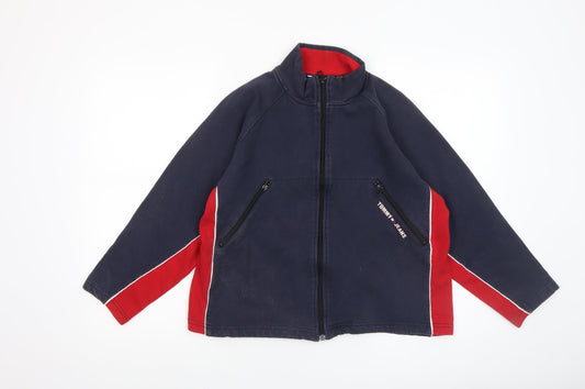 Additional front view of Tommy Hilfiger boys’ blue full zip cotton jacket, size L, classic logo
