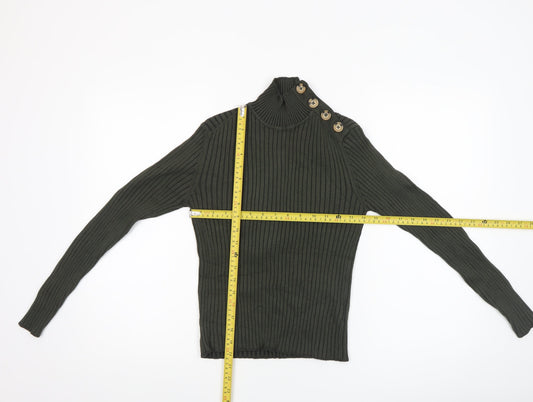 Hollys Women’s Green Rib Knit High Neck Button Jumper Size S