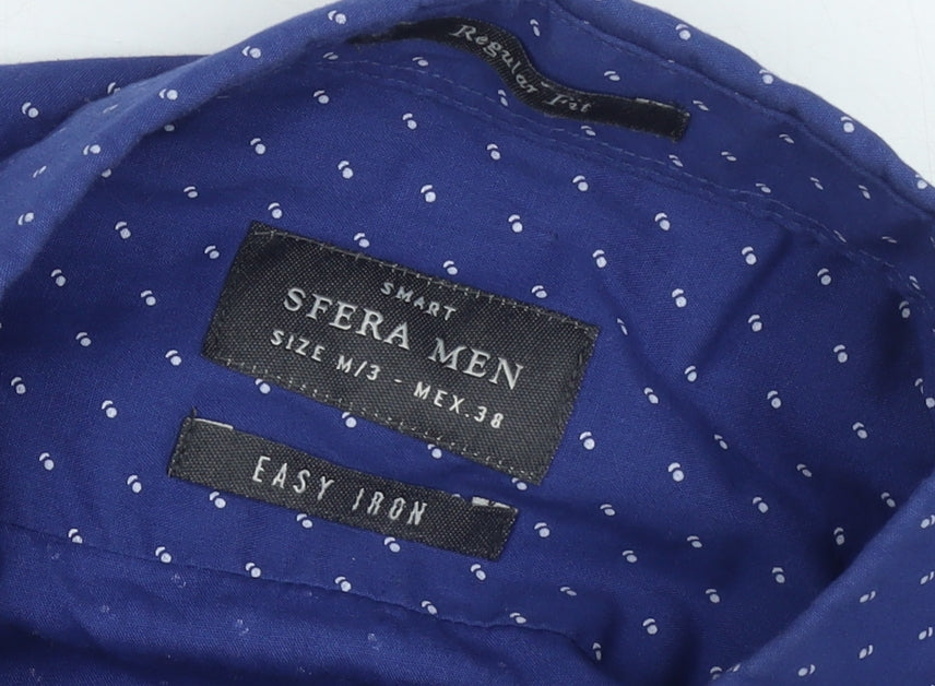 Brand and care label for Sfera Men Blue Regular Fit Button-Up Polka Dot Long Sleeve Shirt M