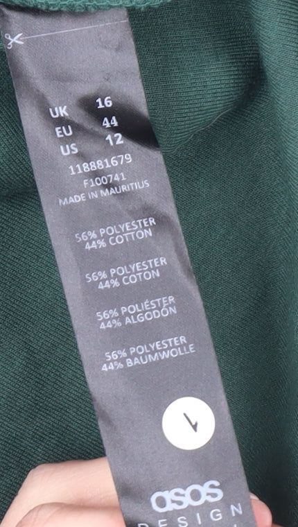 Brand and care label for ASOS DESIGN women’s green, size UK 16, shift knee length v-neck dress