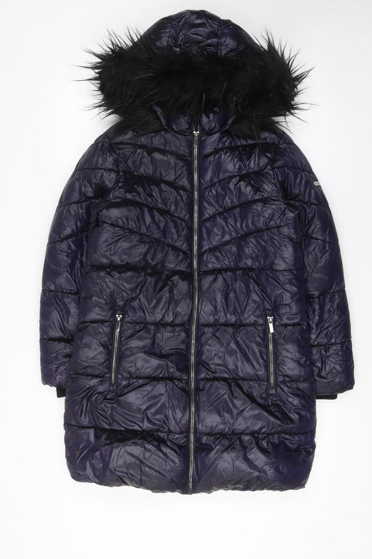 Additional front view of Next girls’ blue puffer coat 11 years hooded long winter jacket with faux fur trim