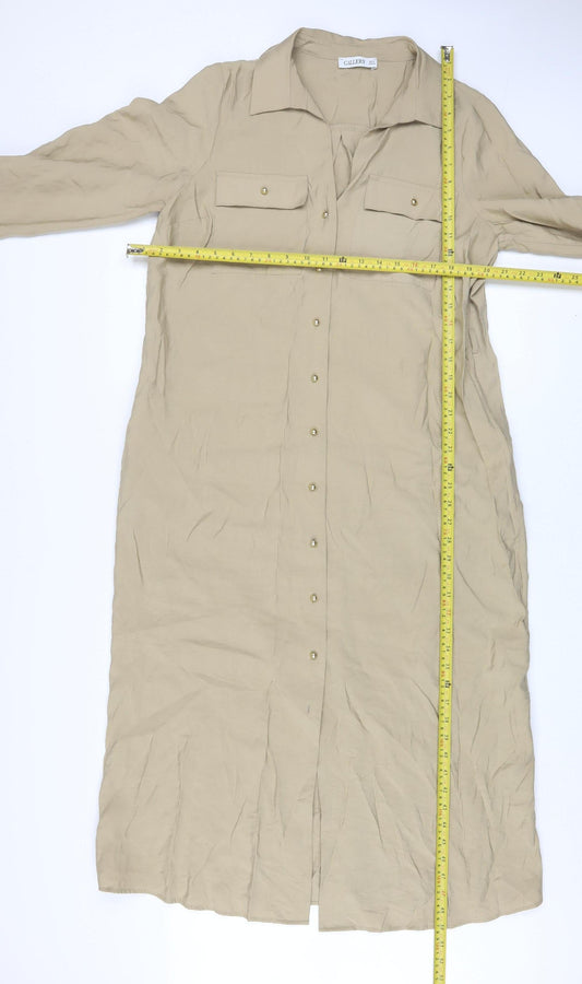 Gallery Women Beige Midi Shirt Dress Size 14 Long Sleeve Collared
