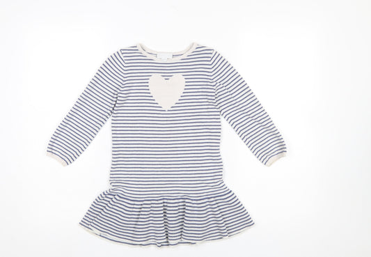 The Little White Company Girls Blue Striped Cotton Skater Dress 4-5 Years