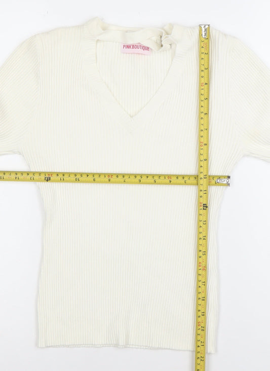 Pink Boutique Women Ivory V-Neck Ribbed Knit Long Sleeve Top Size L
