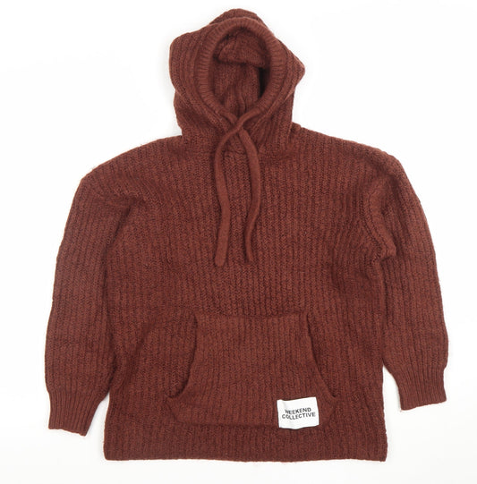 Additional front view of ASOS Women’s Brown Hooded Chunky-Knit jumper, size UK 8