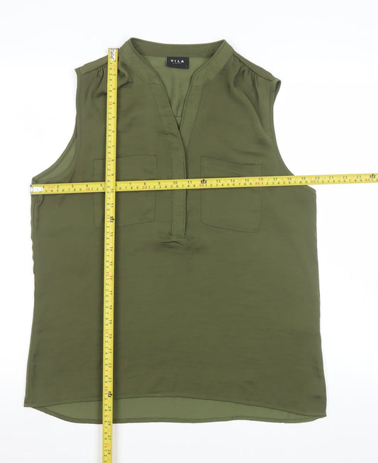 Vila Women’s Green Sleeveless Blouse L Basic V-Neck Casual Top