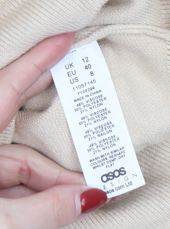 Brand and care label for ASOS Women’s Beige Hooded Knit jumper, size UK 12