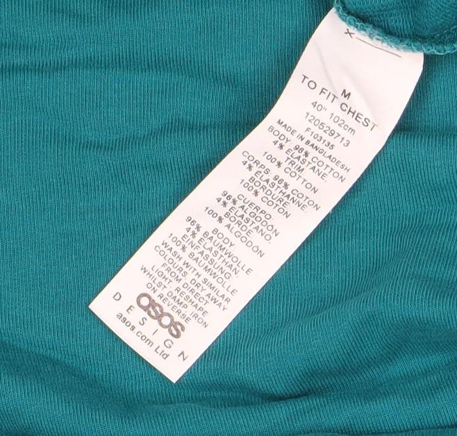 Brand and care label for ASOS Men’s Green Pullover Hoodie Medium Cotton Blend