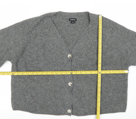 Boohoo Women Grey L V-Neck Rib Knit Button Cardigan Jumper