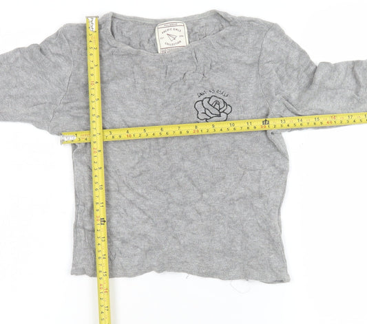 Pull&Bear Women Grey Cropped Long Sleeve Embroidered T-Shirt Size 12