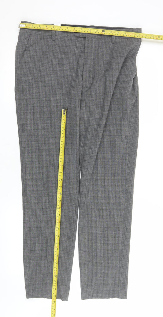 Next Men's Grey Check Dress Pants 34L Slim Fit Formal Trousers