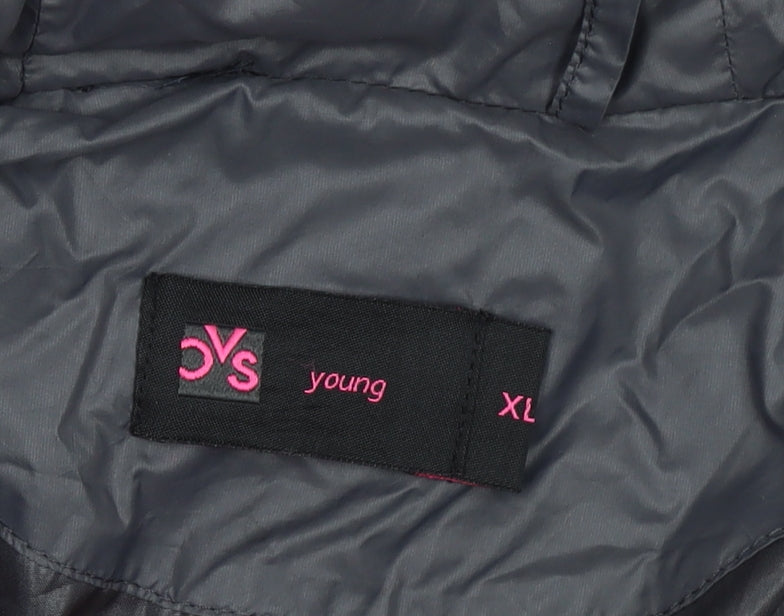 Brand and care label for OVS girls’ grey xl hooded puffer jacket lightweight quilted coat