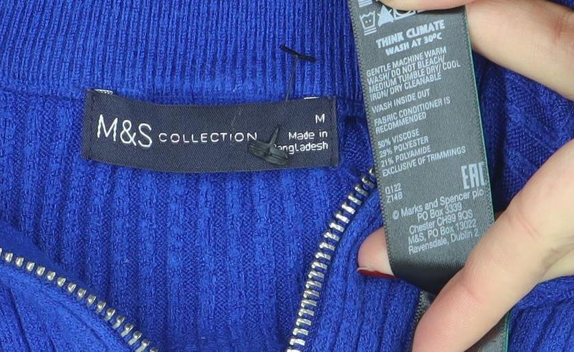Marks and Spencer Women Blue Mock Neck Half Zip Ribbed Jumper Size M