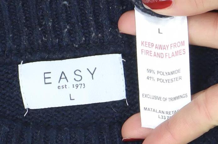 Brand and care label for Easy Men's Blue Geometric Knit Crew Neck jumper L
