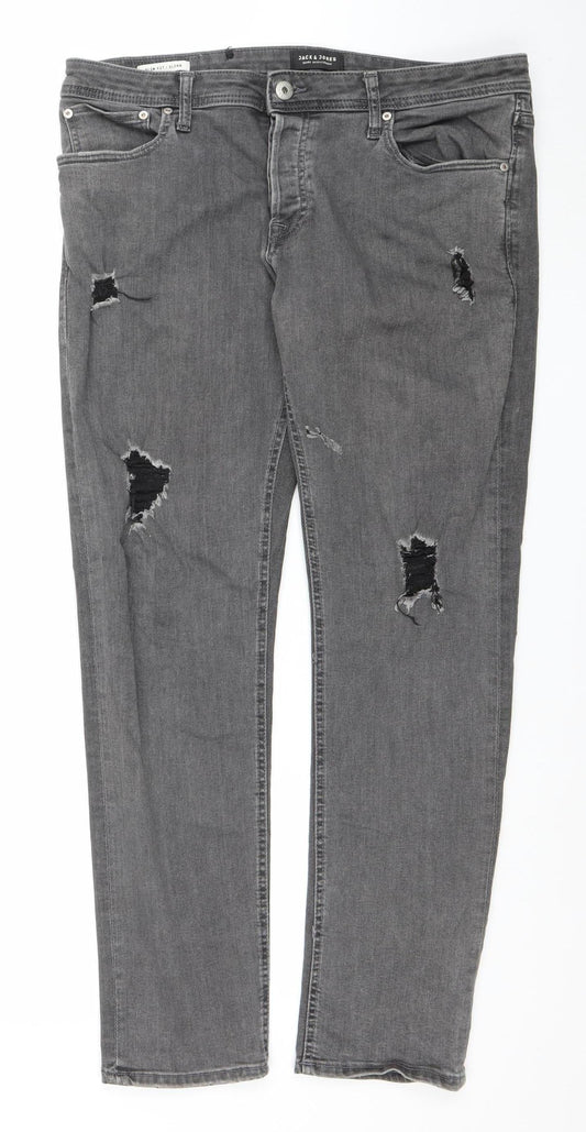Jack & Jones Men’s Grey Denim Distressed Straight Jeans 38W 32L