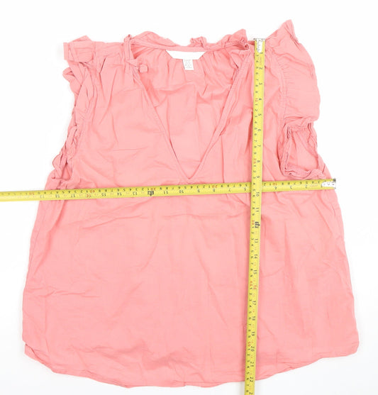 H&M Womens Pink 2XS Ruffle V-Neck Sleeveless Cotton Blouse
