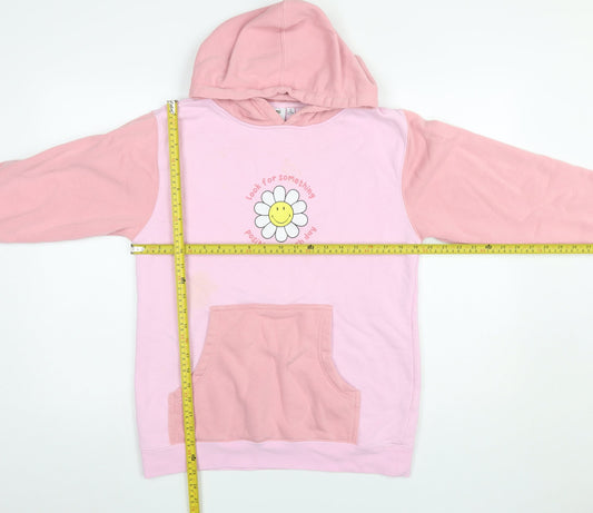 BSR Smiley Pink Colourblock Hoodie Women's S Graphic Flower Cotton Blend