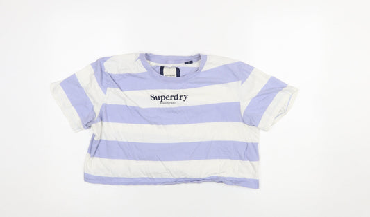 Superdry Women’s Lilac White Cropped Striped Cotton T-Shirt UK 8