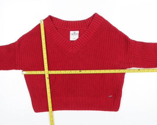 Hollister Women's Red V-Neck Chunky Knit Jumper Size S