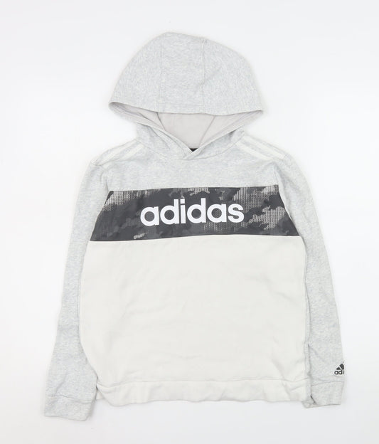 Adidas Boys Grey Hoodie 12-13 Years Pullover Fleece Logo Sweatshirt
