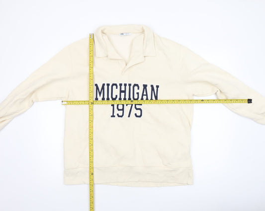 Zara Women Beige Michigan 1975 Pullover Sweatshirt L Cotton Blend
