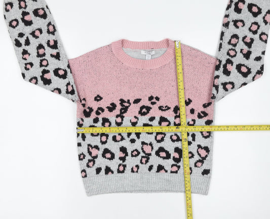 Kylie Girls Pink Grey Leopard Print Acrylic Blend Pullover Jumper 11 Years