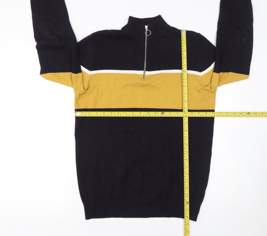 New Look Men’s Blue Yellow Stripe Half Zip Cotton Jumper Size S
