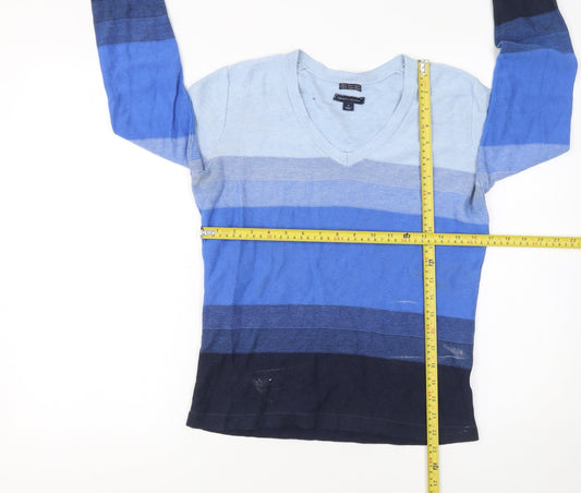 Tommy Hilfiger Women's Blue V-Neck Cotton Striped Jumper Size M