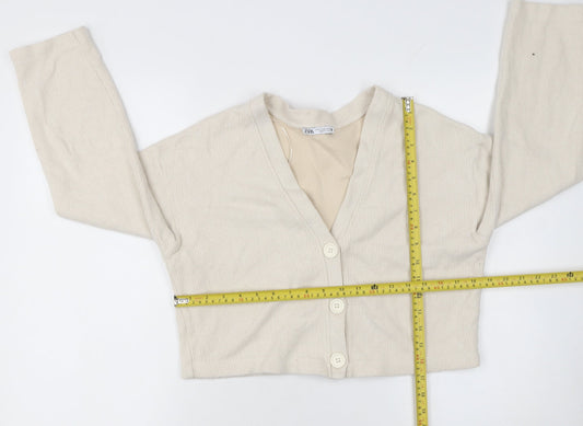Zara Women Beige V-Neck Knit Cardigan Medium Cotton Blend