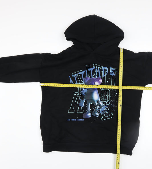 Marks and Spencer Boys Black Pullover Hoodie 13-14 Years Graphic Print Cotton Blend